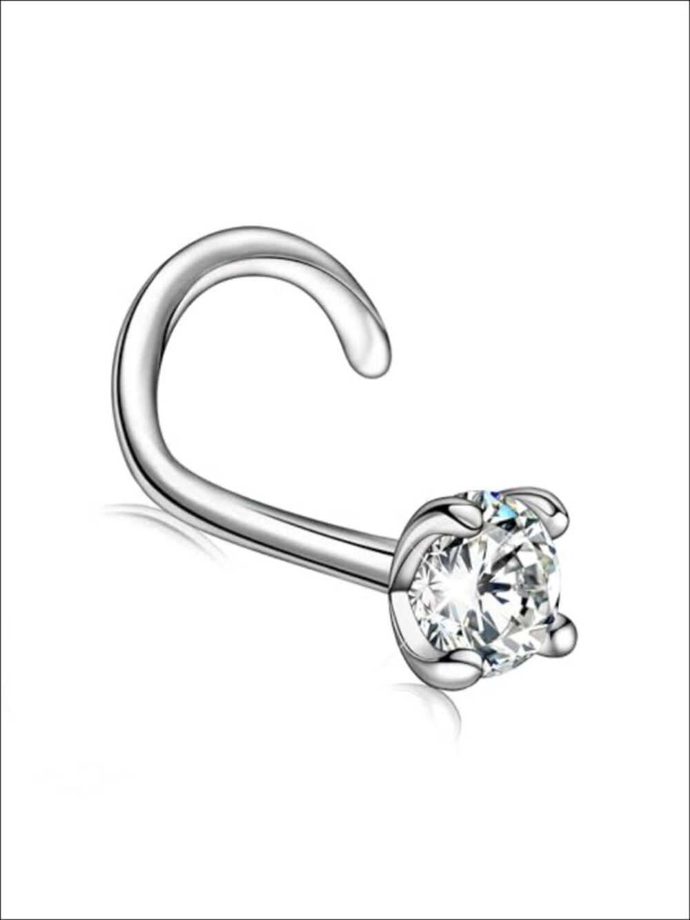925 Sterling Silver Corkscrew Nose Ring Stud CZ Hypoallergenic